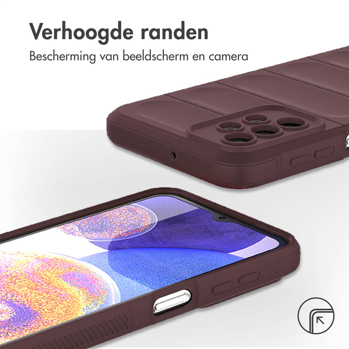 Two brown phone cases with raised edges. One shows the camera area, the other the screen. Text says 'Raised edges' and 'Screen and camera protection'.