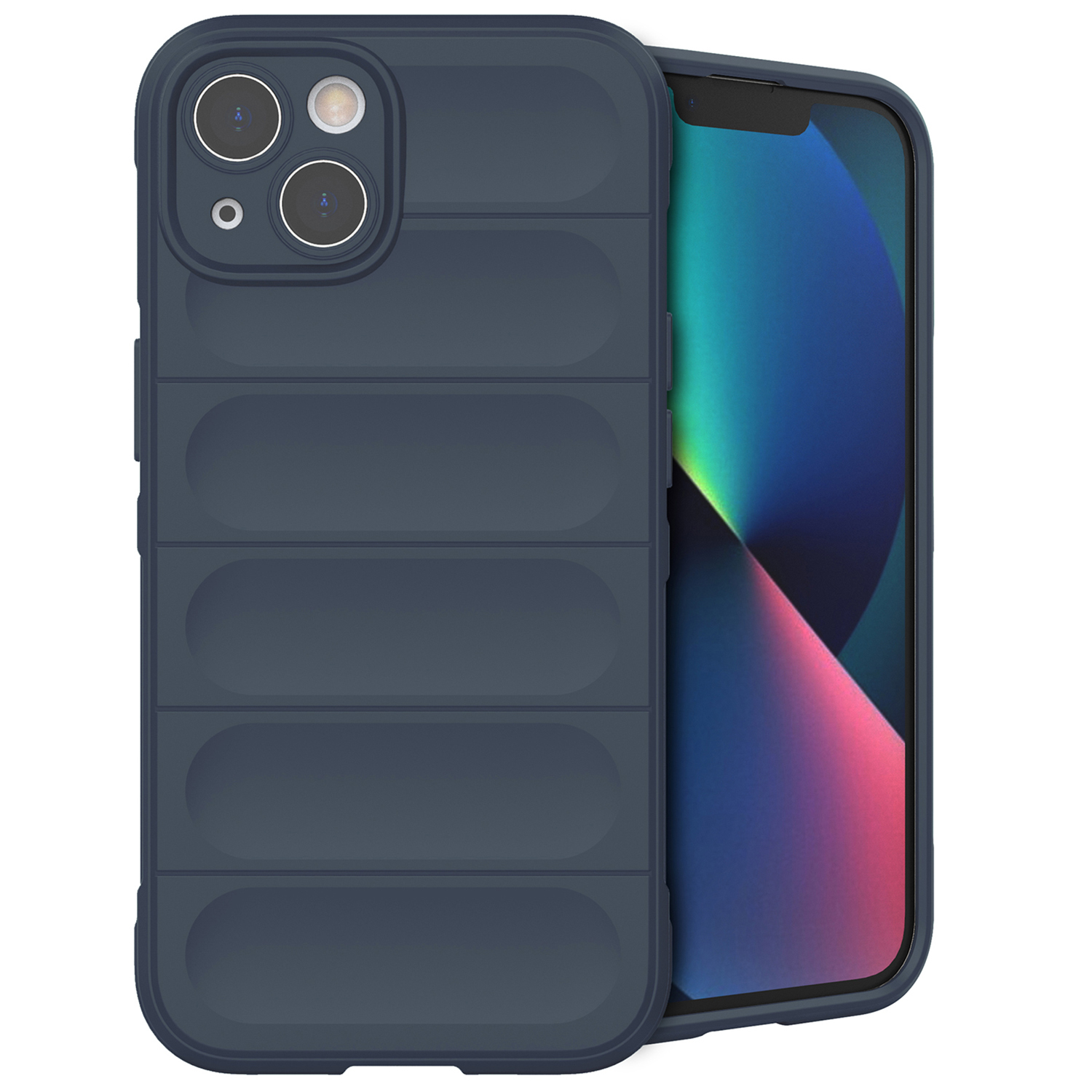 Een marineblauwe telefoonhoes met een textuurontwerp, op de telefoon, met een kleurrijk scherm. Het ontwerp heeft horizontale lijnen.