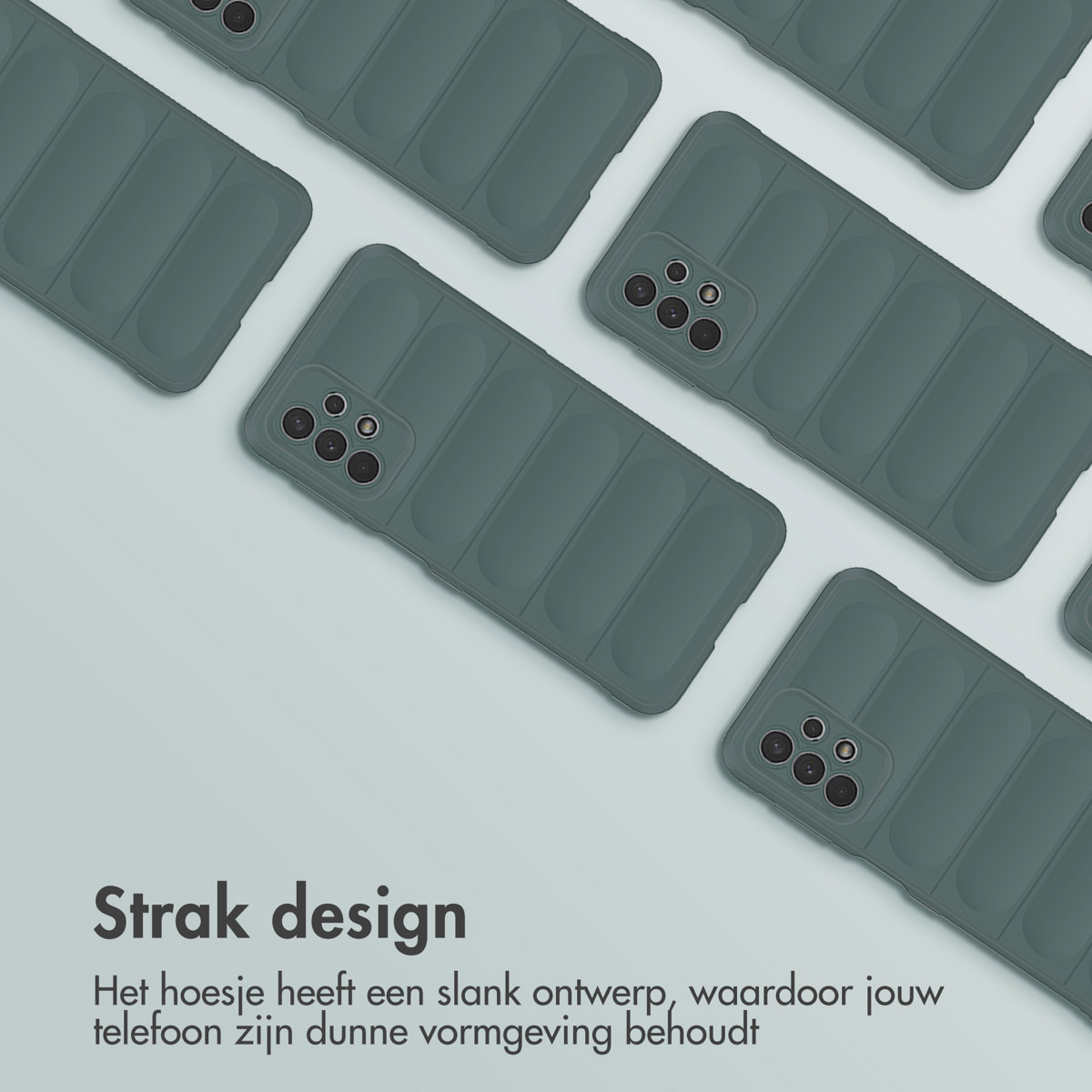 Plusieurs coques de téléphone grises avec dos texturé. Les coques sont disposées en motif.