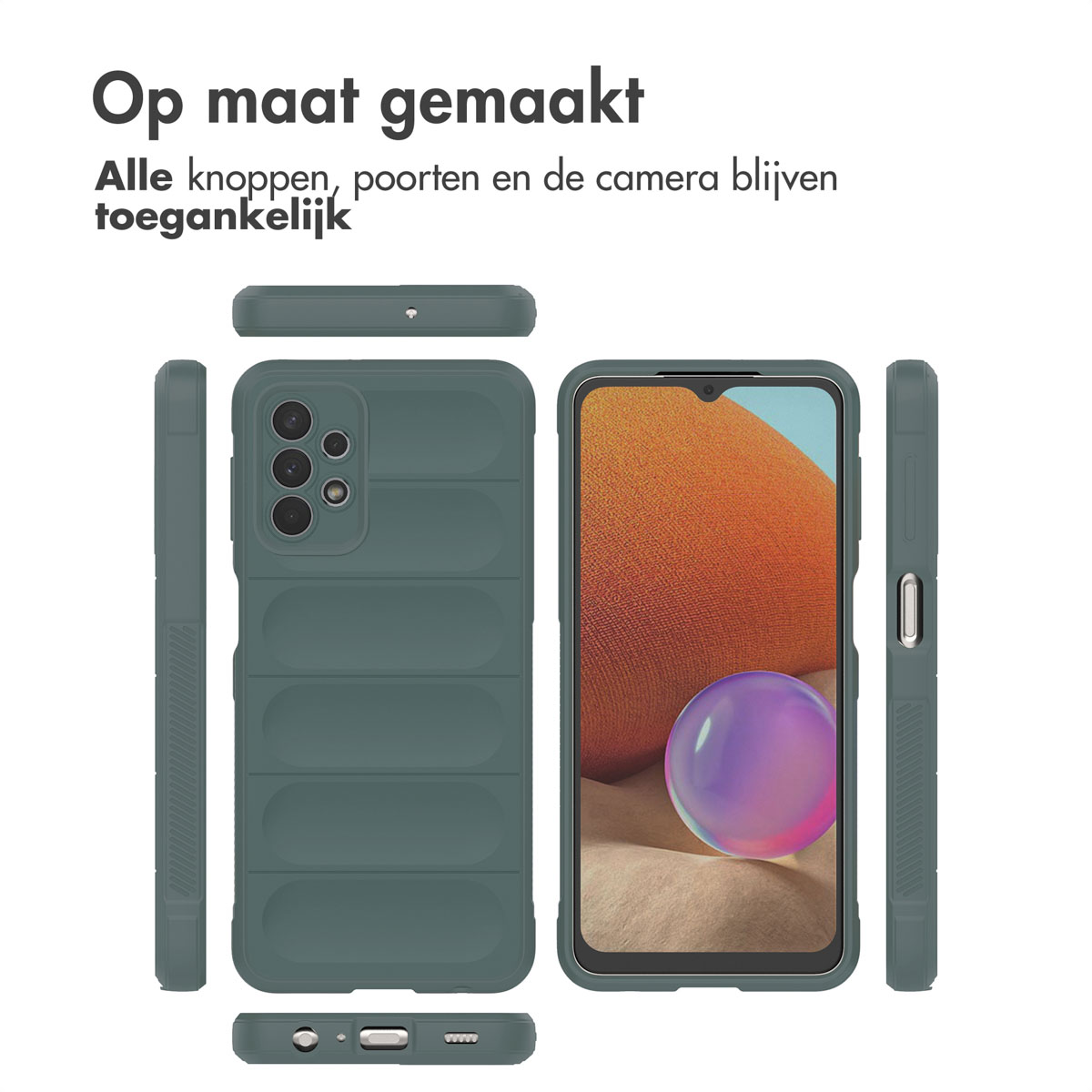 Coque de téléphone verte avec téléphone. Divers angles montrent la conception et l'accès aux boutons et ports.