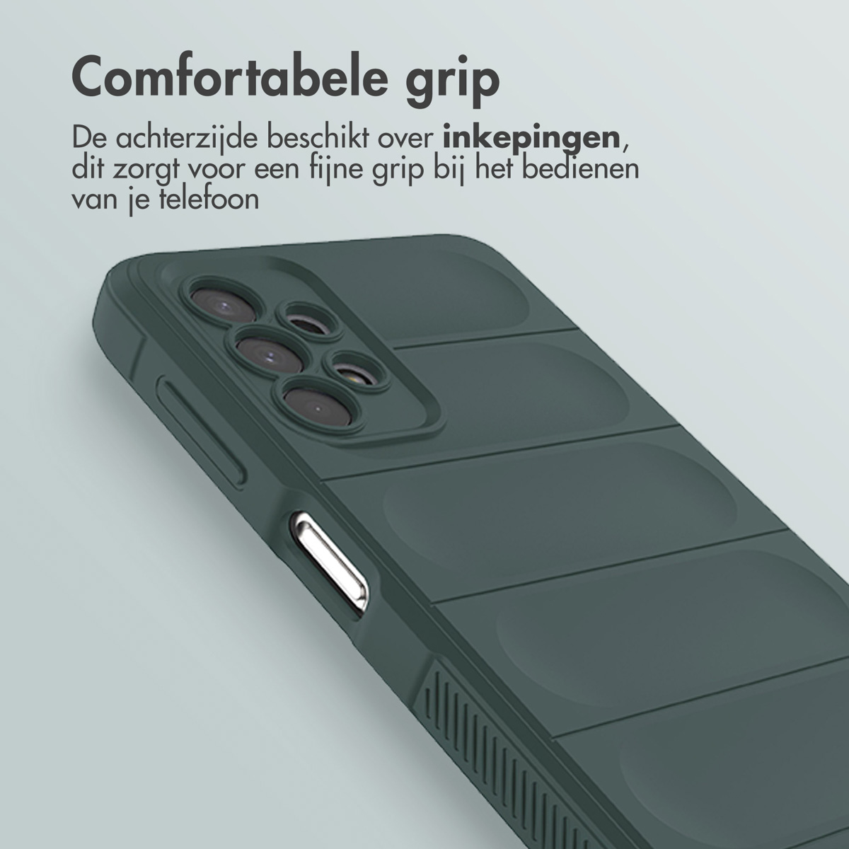 Un téléphone avec un étui vert. Le dos montre la caméra et des lignes horizontales. Le fond est gris clair.