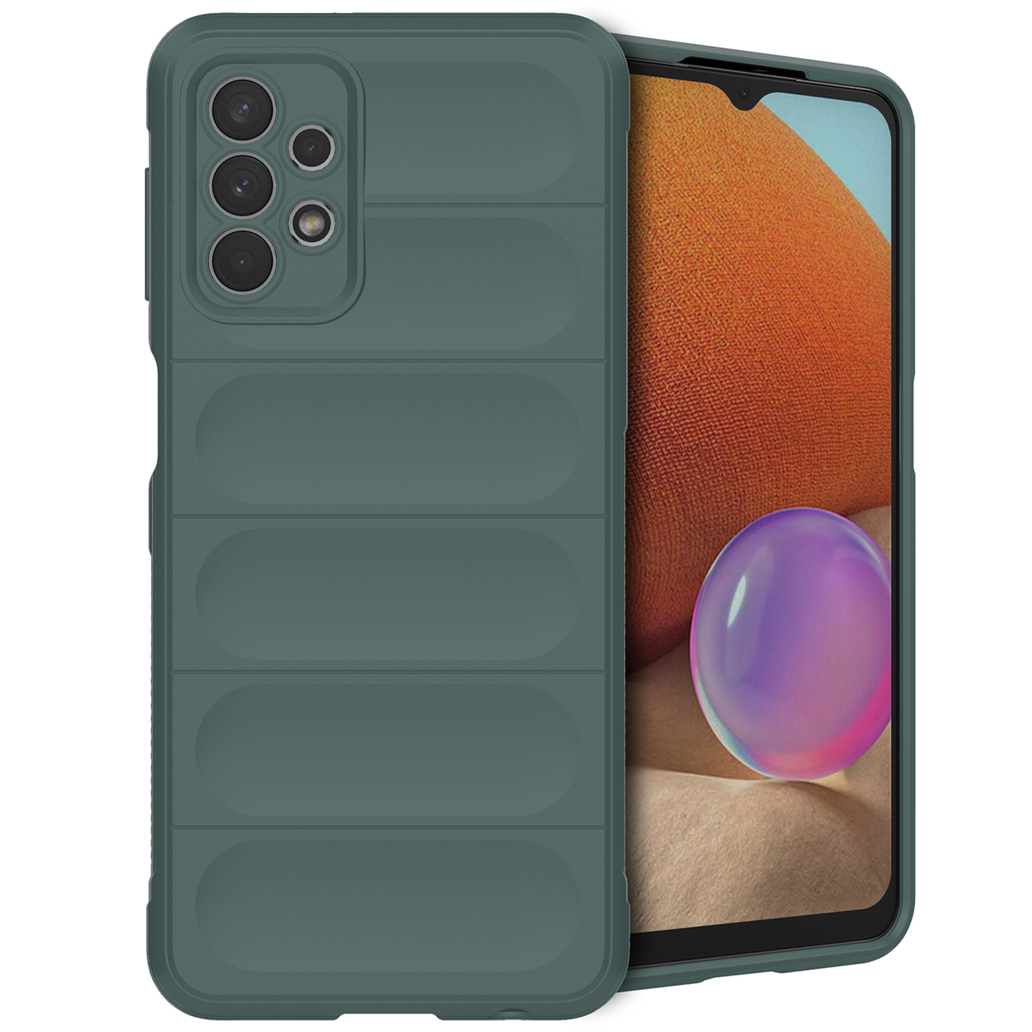 Coque de téléphone verte avec un téléphone à l'intérieur, montrant un arrière-plan orange.