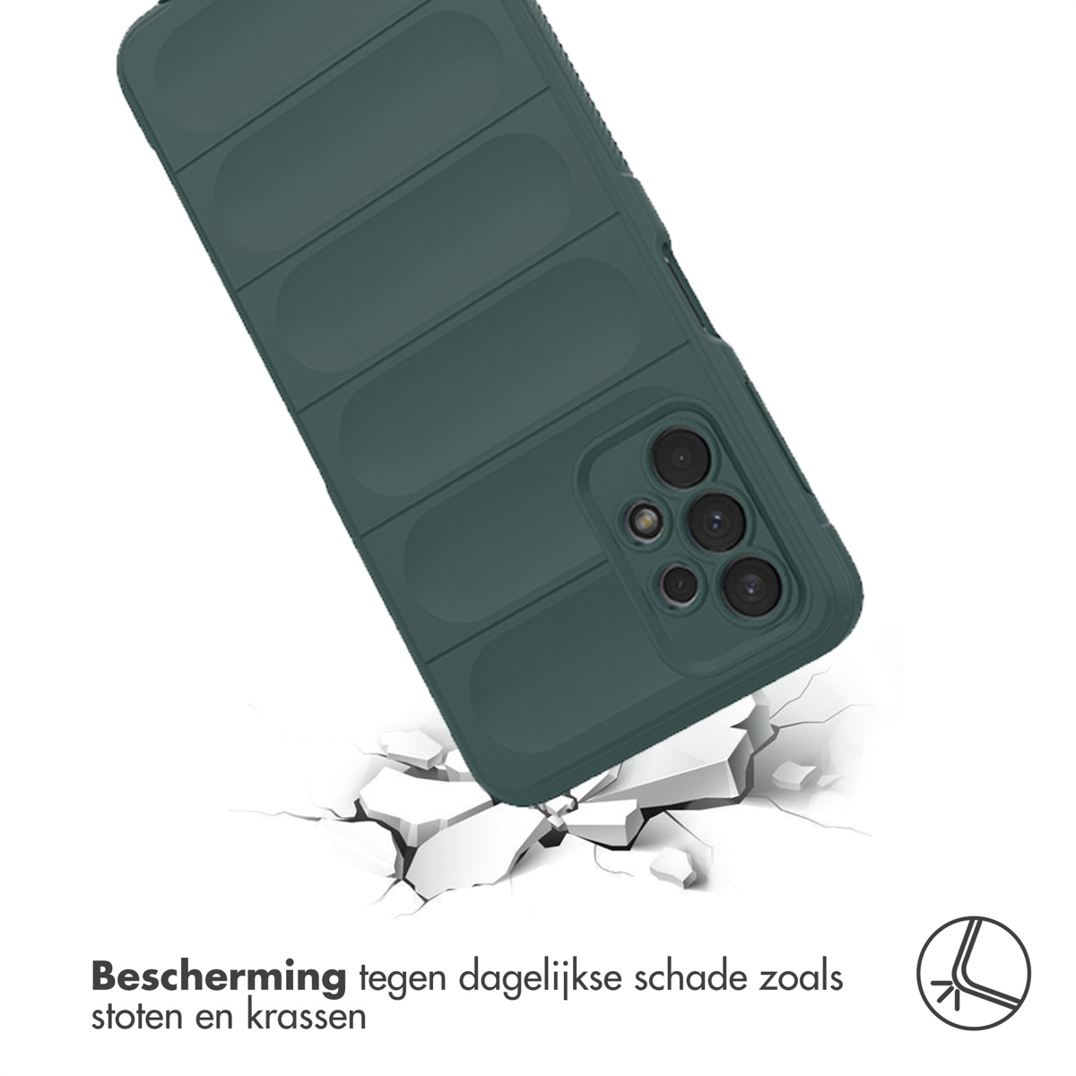 Coque de téléphone verte avec un design nervuré, tombant sur une surface. La surface est cassée.