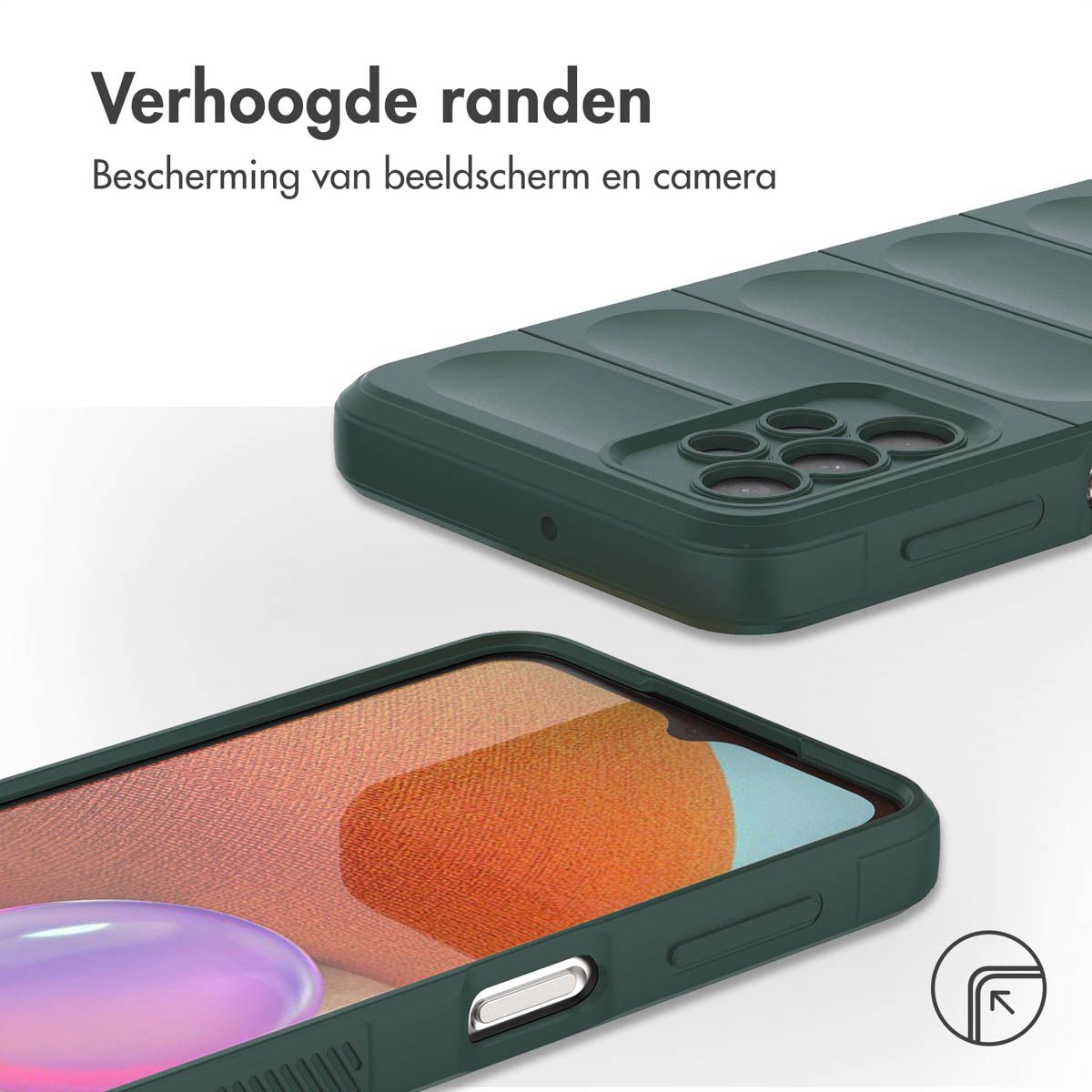 Coque de téléphone verte avec téléphone, montrant caméra et rainures. Fond blanc.