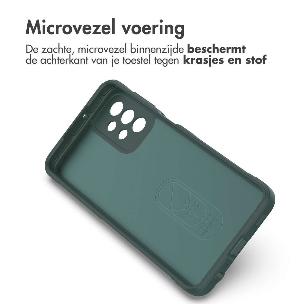 Intérieur vert de la coque de téléphone avec le logo 'DROP'. Texte : 'Microvezel voering'. Fond blanc.