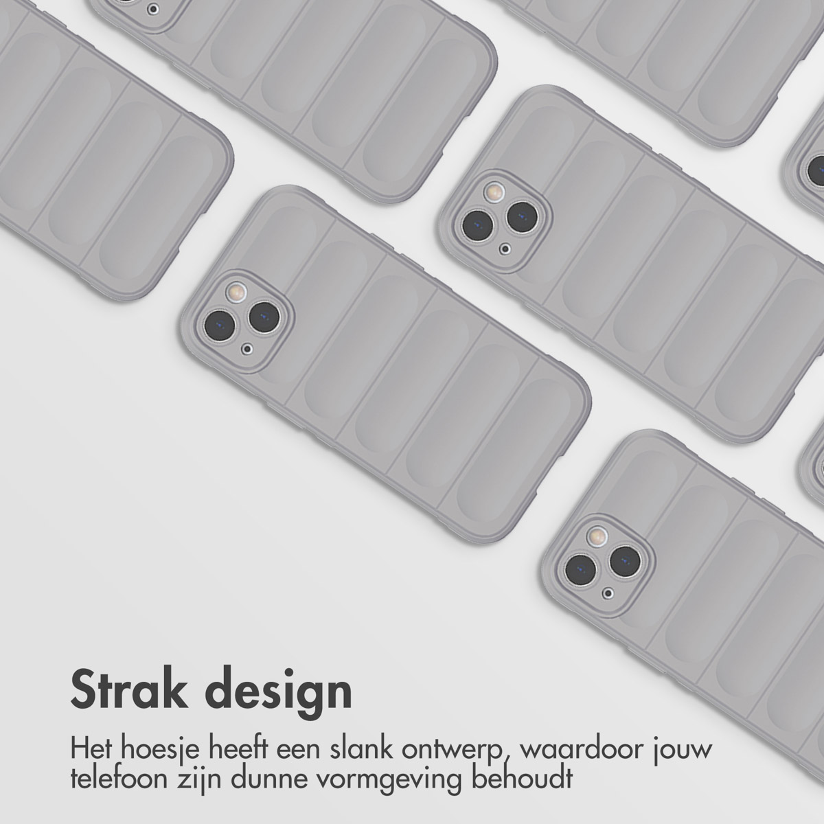 Meerdere grijze telefoonhoesjes. Tekst: 'Strak design', wat gestroomlijnd ontwerp betekent.