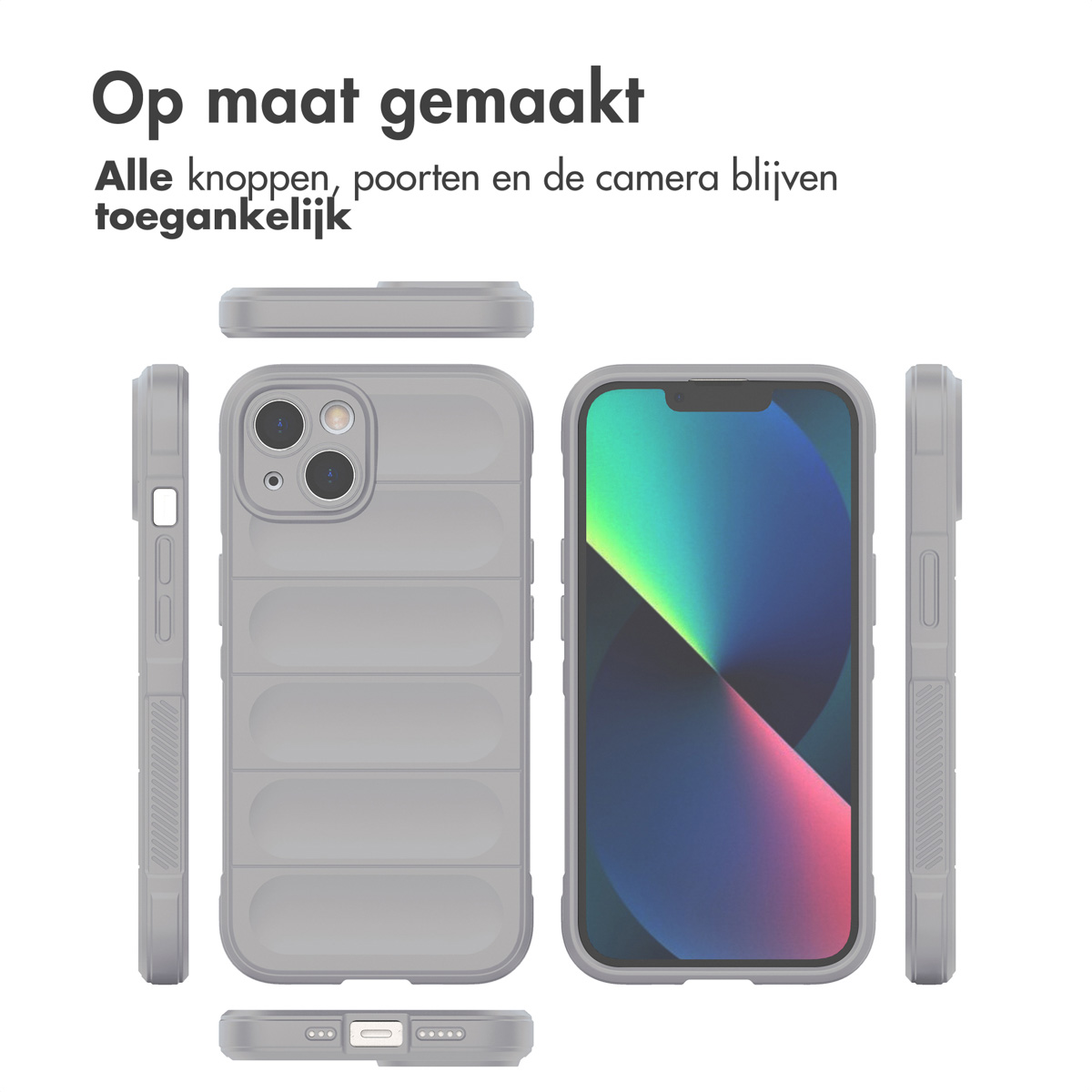 Grijze onderdelen van een telefoonhoesje rond een telefoon. Knoppen, poorten en camera blijven toegankelijk.