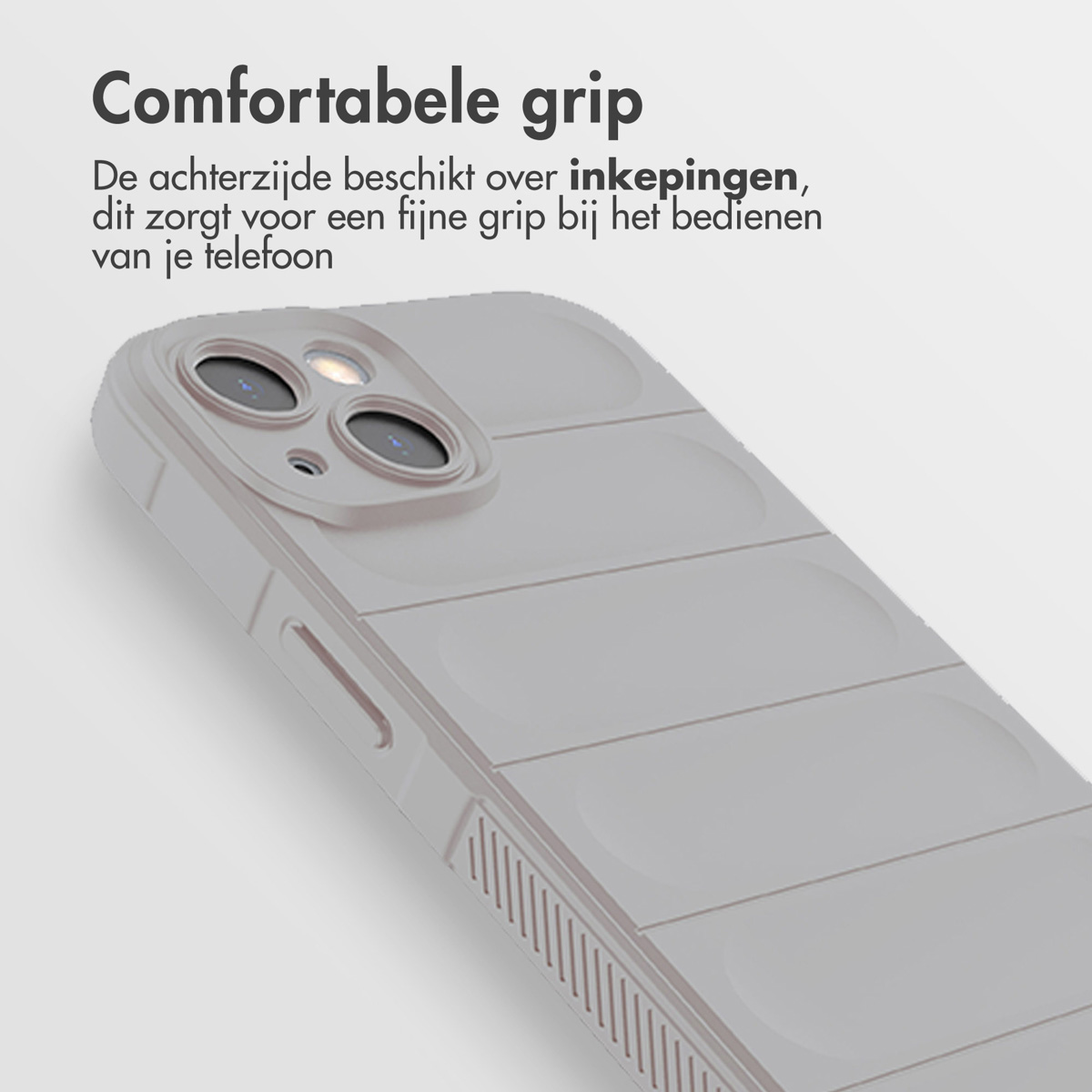 Een lichtgrijze telefoonhoes met horizontale lijnen. Toont een telefoon binnenin. De achtergrond is wit.