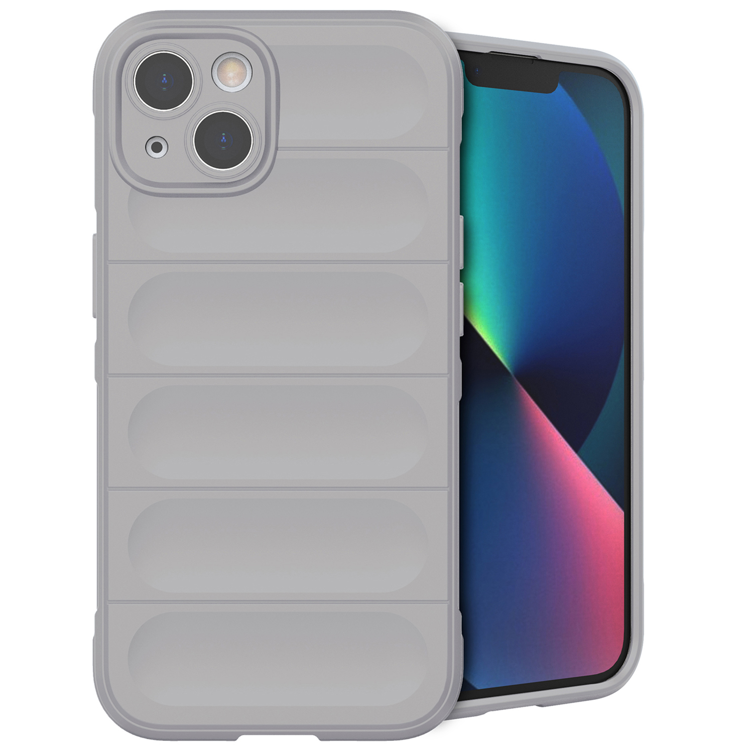 Een lichtgrijze telefoonhoes zit op een telefoon, met een kleurrijk scherm. Het ontwerp heeft horizontale lijnen. Achtergrond is wit.
