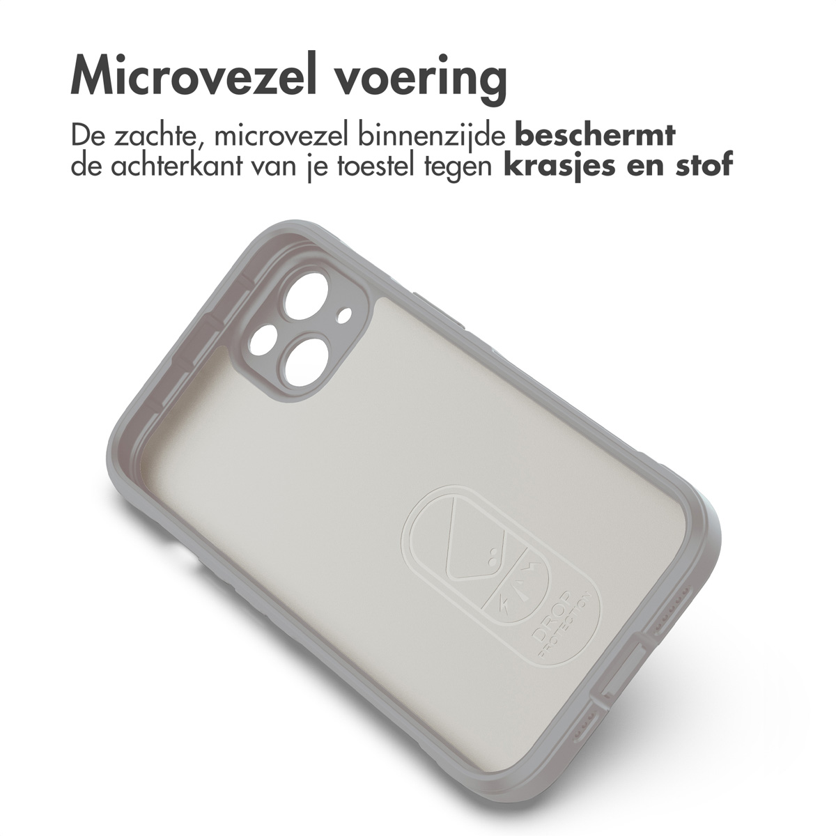 Telefoonhoes met microvezelvoering. De hoes is grijs. Witte achtergrond.