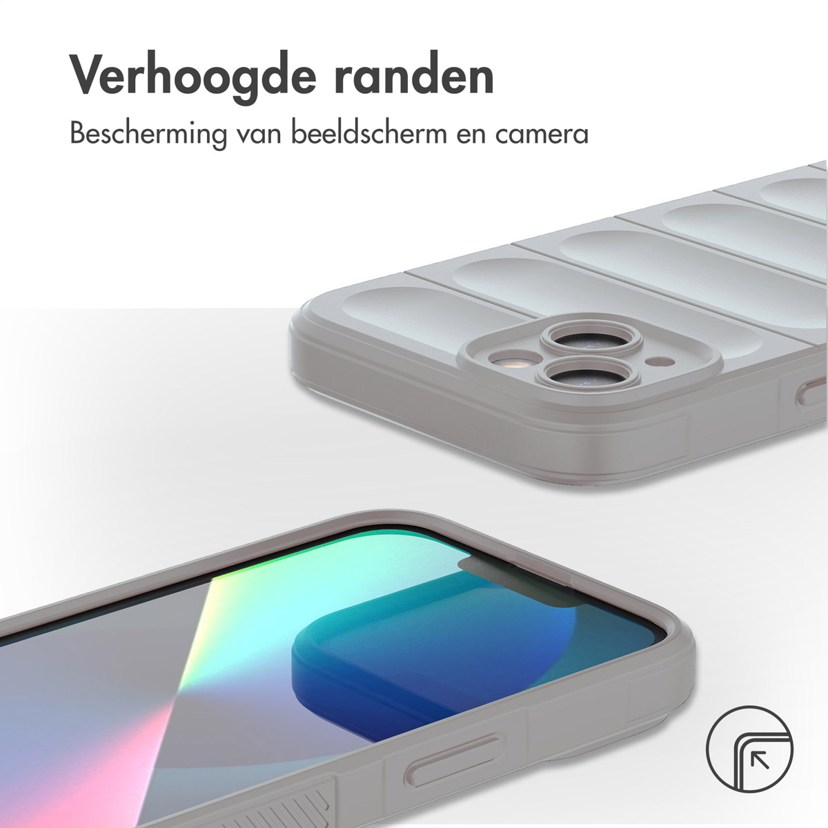Close-up van een witte telefoonhoes met een telefoon erin. Tekst: Verhoogde randen.