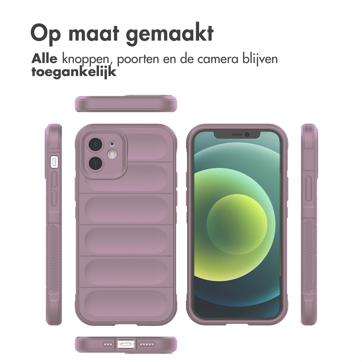 Verschillende aanzichten van een lavendelkleurige telefoonhoes, met een telefoon erin, tegen een witte achtergrond.