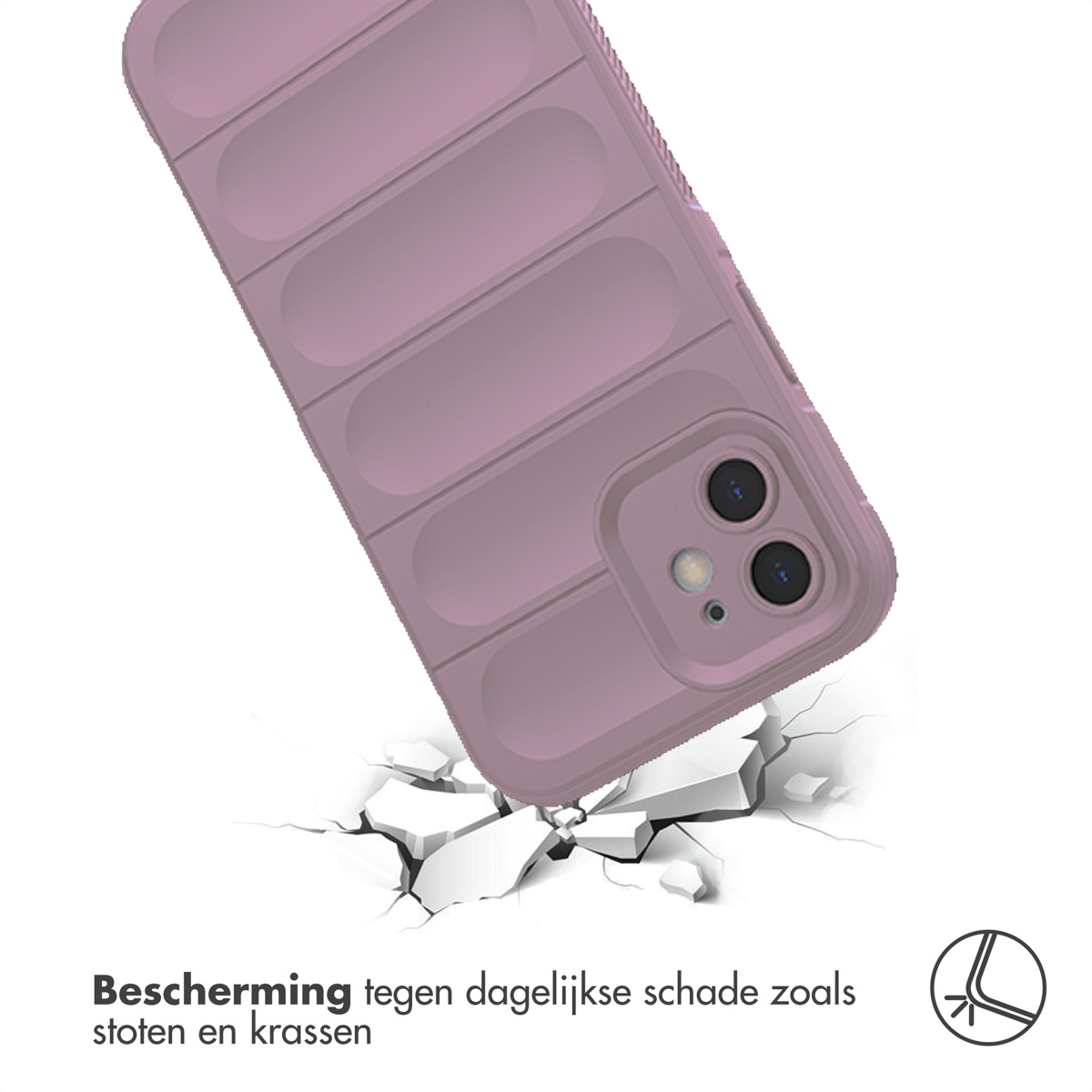 Roze telefoonhoes valt en breekt. Tekst: 'Bescherming tegen...krassen'.