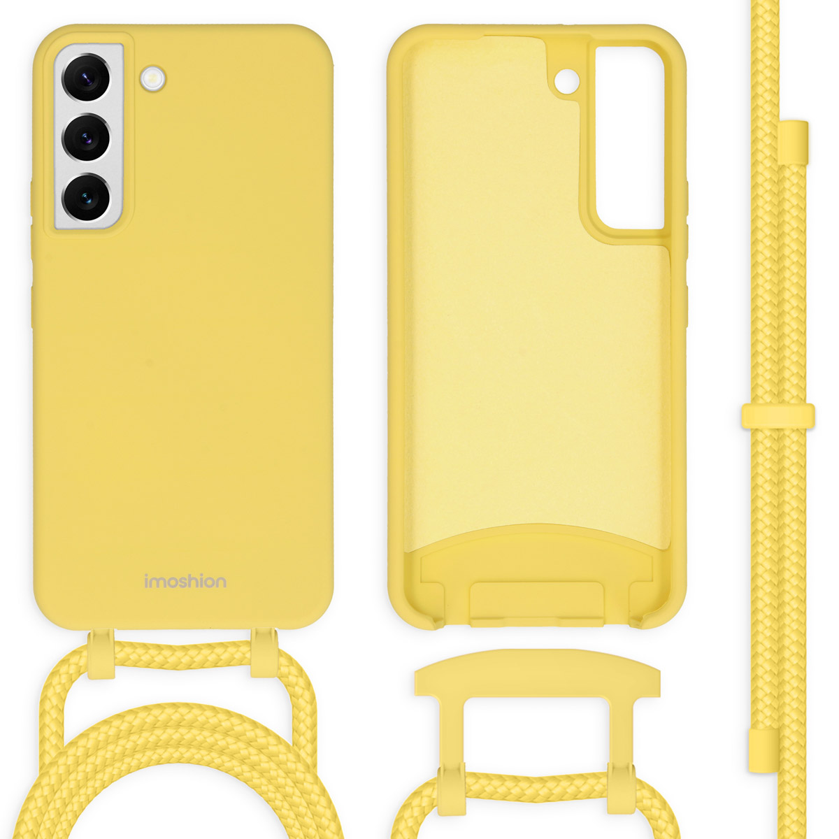 Coque de téléphone jaune, téléphone et lanière. Texte : 'Microvevezel voering...stof'.
