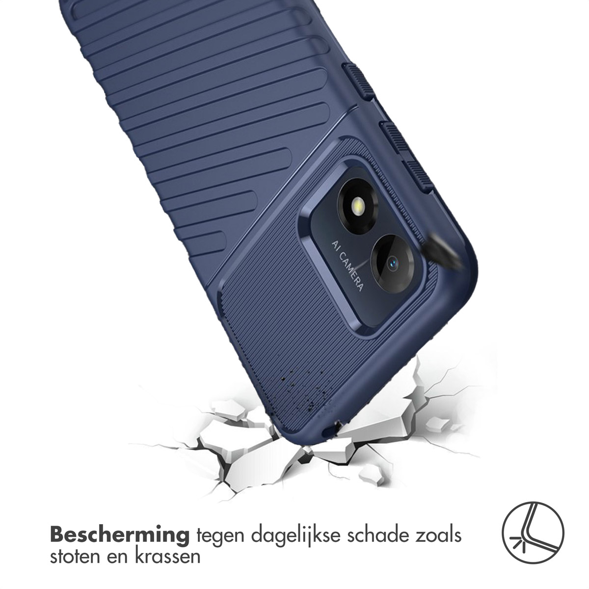 Blauwe telefoonhoes met een getextureerd oppervlak en een gebarsten grond. Tekst: Bescherming tegen schade.