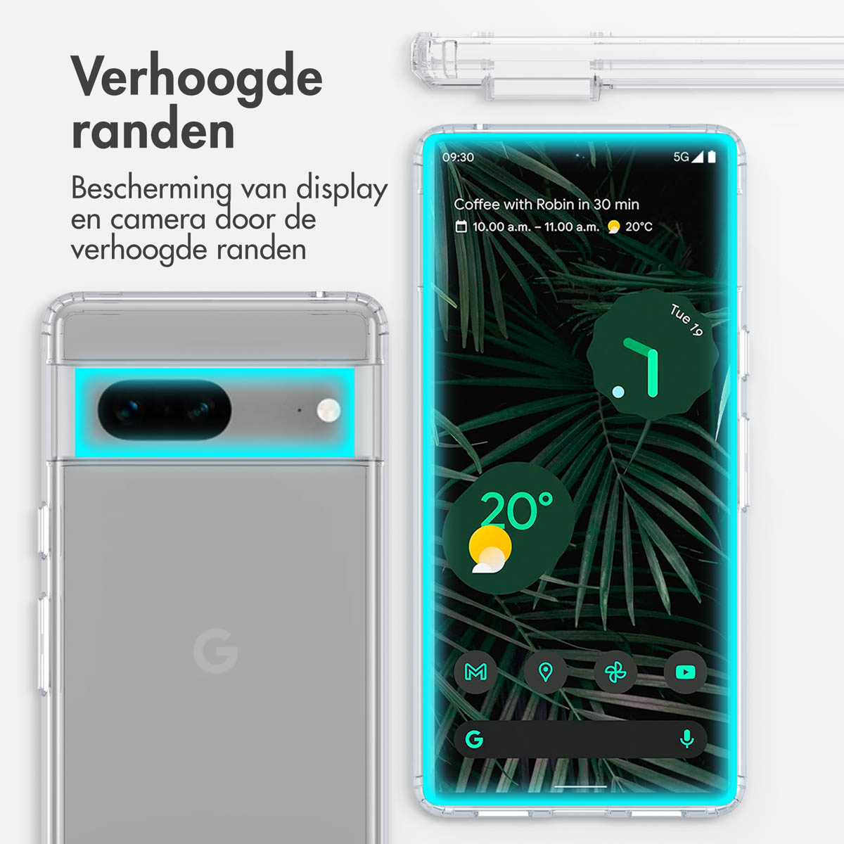 Ein Telefon in einer transparenten Hülle mit blauem Umriss. Erhöhte Kanten schützen das Display.