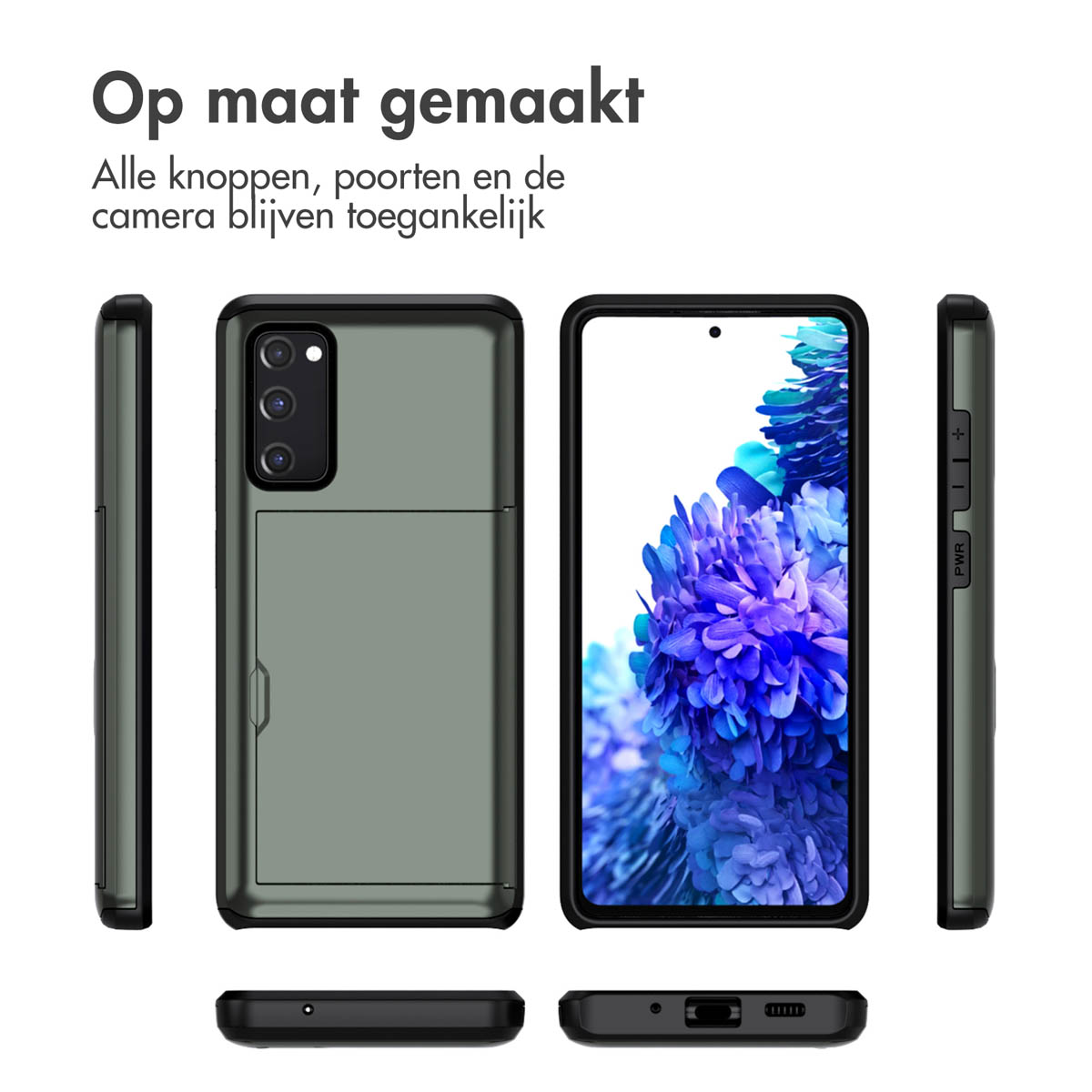 Groene telefoonhoes met een kaartsleuf. Knoppen, poorten en camera blijven toegankelijk.
