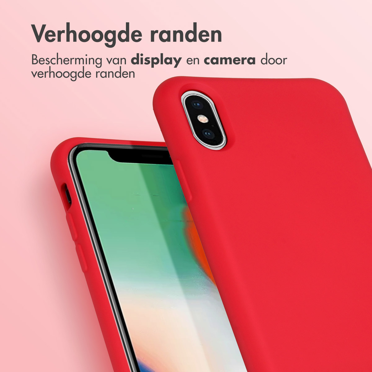Coque rouge avec bords surélevés, gros plan avec téléphone. La coque est rouge.