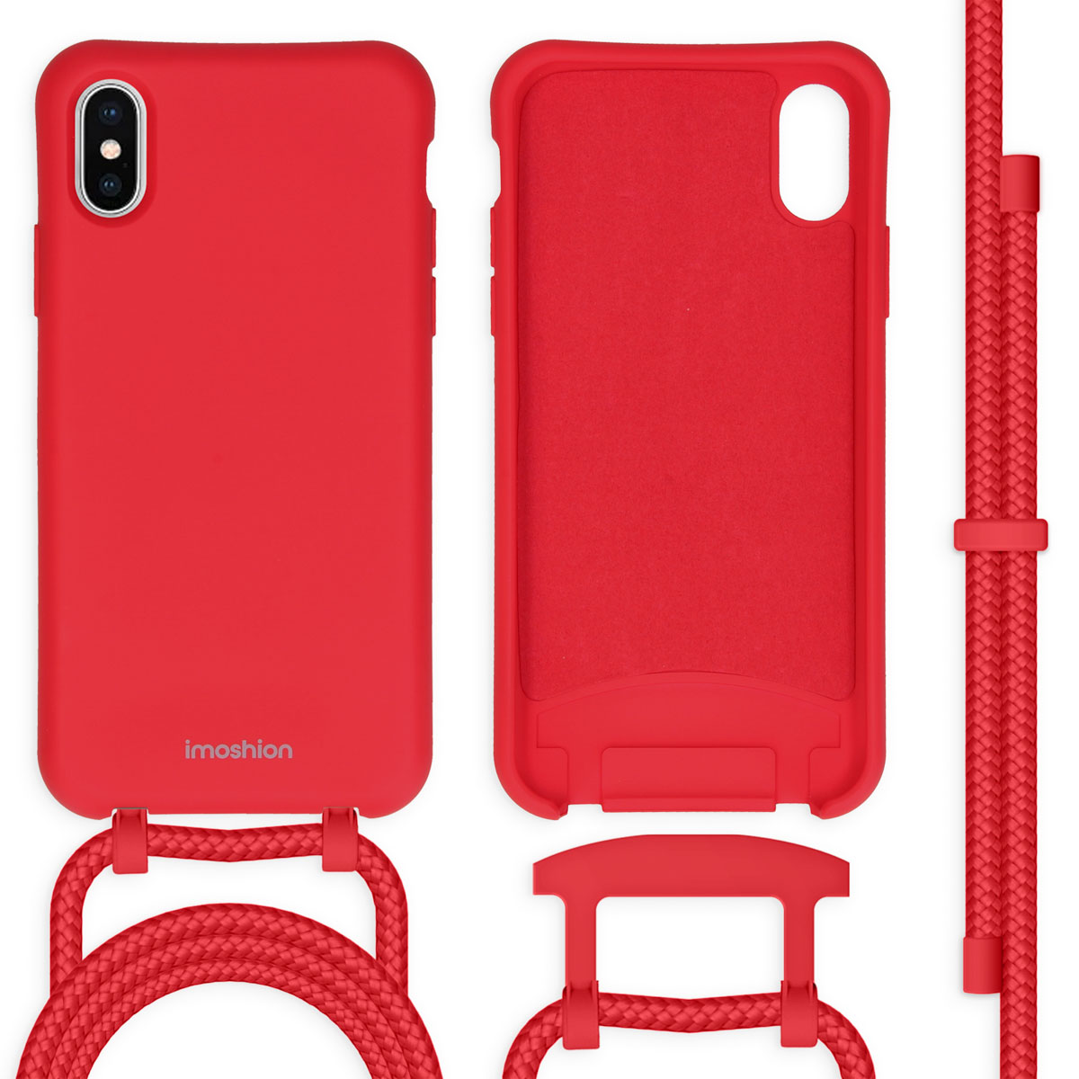 Coque de téléphone rouge avec une sangle rouge. La coque est en deux pièces. Fond blanc.