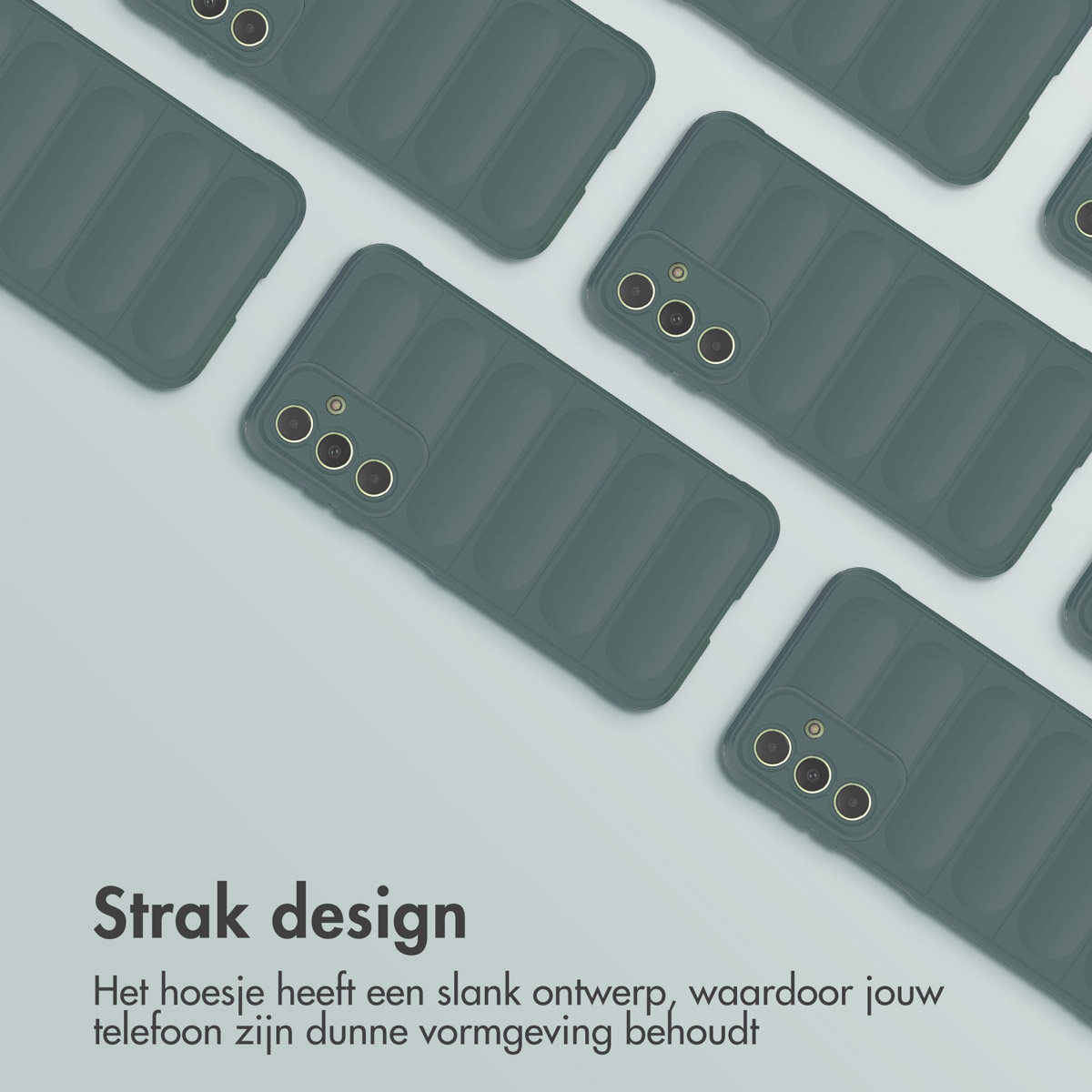 Plusieurs coques de téléphone grises avec un design texturé. Le texte dit 'Design élégant'.