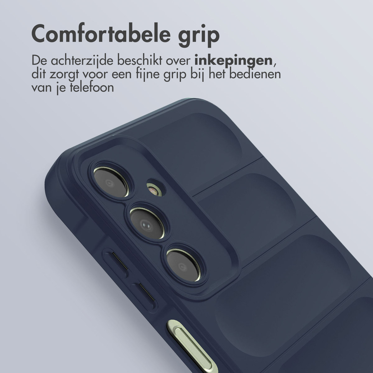 Donkerblauwe telefoonhoes met een getextureerde achterkant. De hoes heeft een comfortabel grip ontwerp.