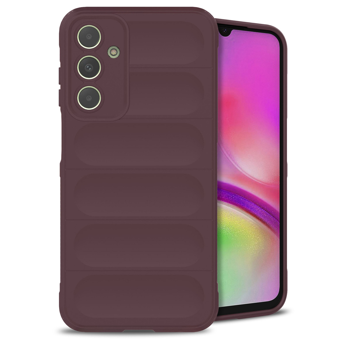 Un étui de téléphone bordeaux avec un téléphone à l'intérieur. Le téléphone a des caméras.