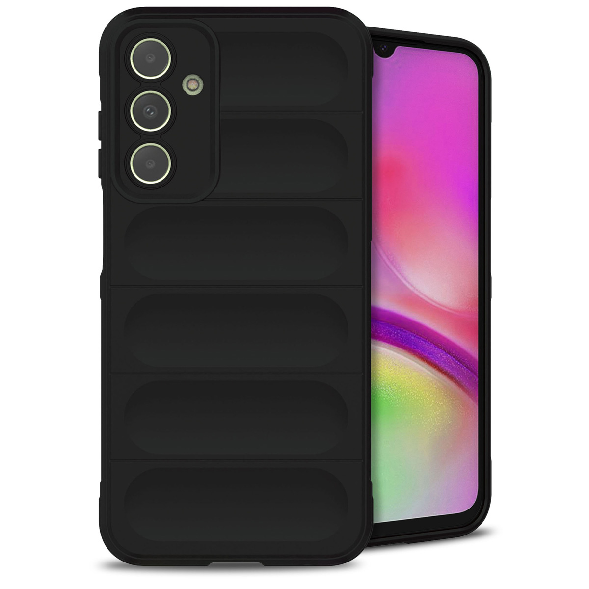 Coque de téléphone noire avec un design texturé. Un téléphone avec un écran coloré est à l'intérieur.