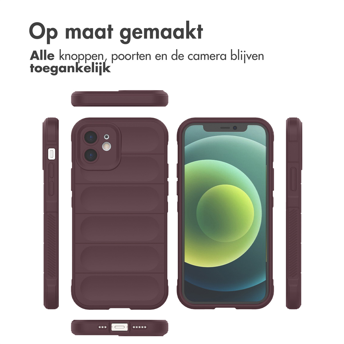 Une coque de téléphone bordeaux avec un téléphone. Texte : Fabriqué sur mesure. Tous les boutons, ports et la caméra restent accessibles.