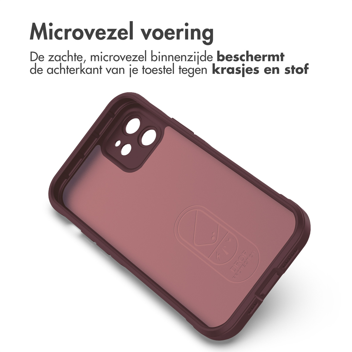 Coque de téléphone avec doublure en microfibre. La coque est marron. Fond blanc.