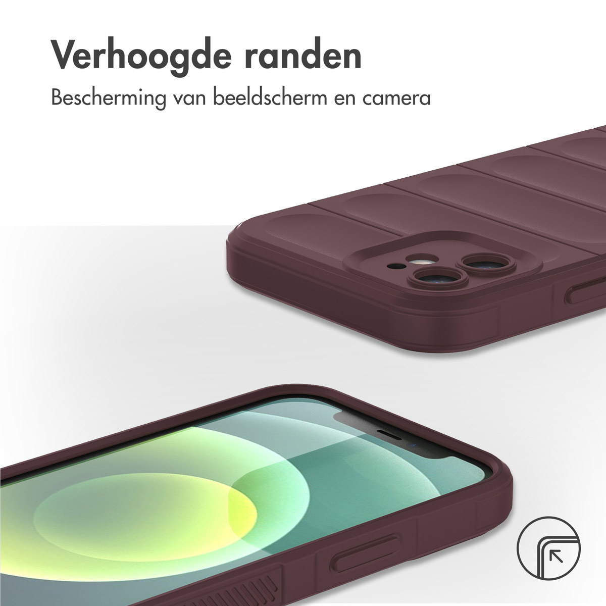 Deux coques de téléphone bordeaux, une sur un téléphone. Le texte dit, 'Verhoogde randen'. Fond blanc.