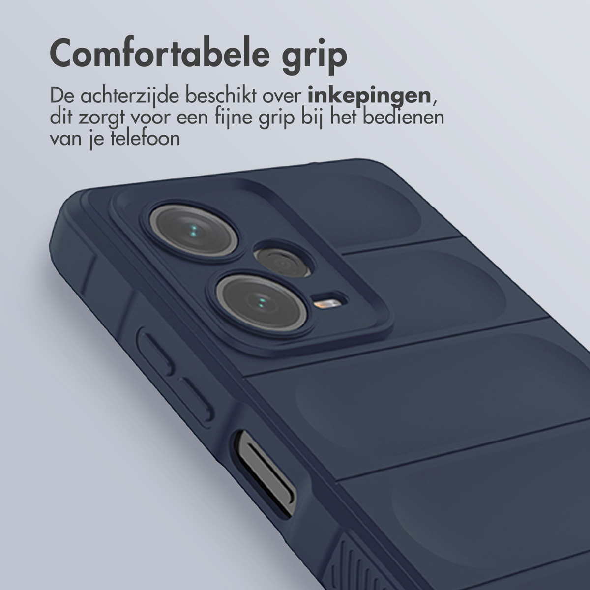 Gros plan d'une coque de téléphone bleu foncé avec caméra et texte.