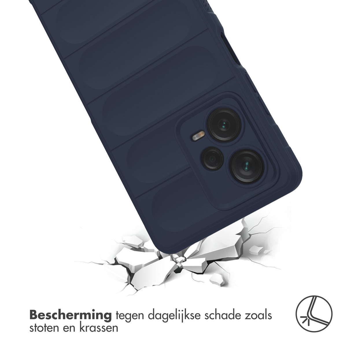 Coque de téléphone bleu foncé sur fond blanc, avec sol brisé en dessous, montrant la protection.