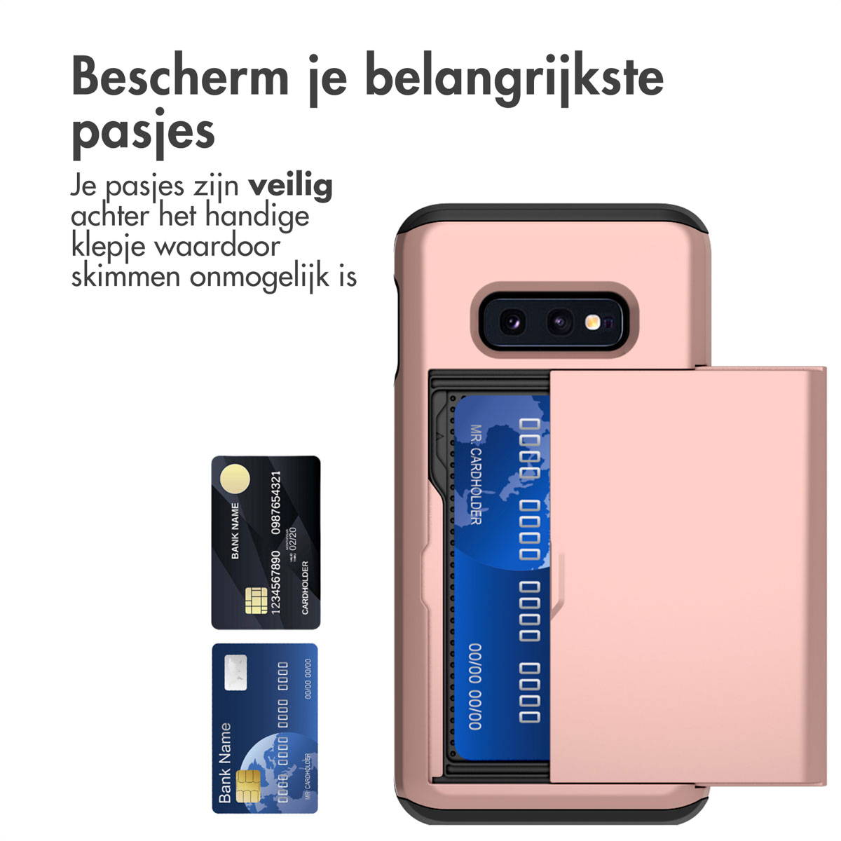 Roze telefoonhoes met een open kaarthouder, met kaarten erin, op een witte achtergrond.