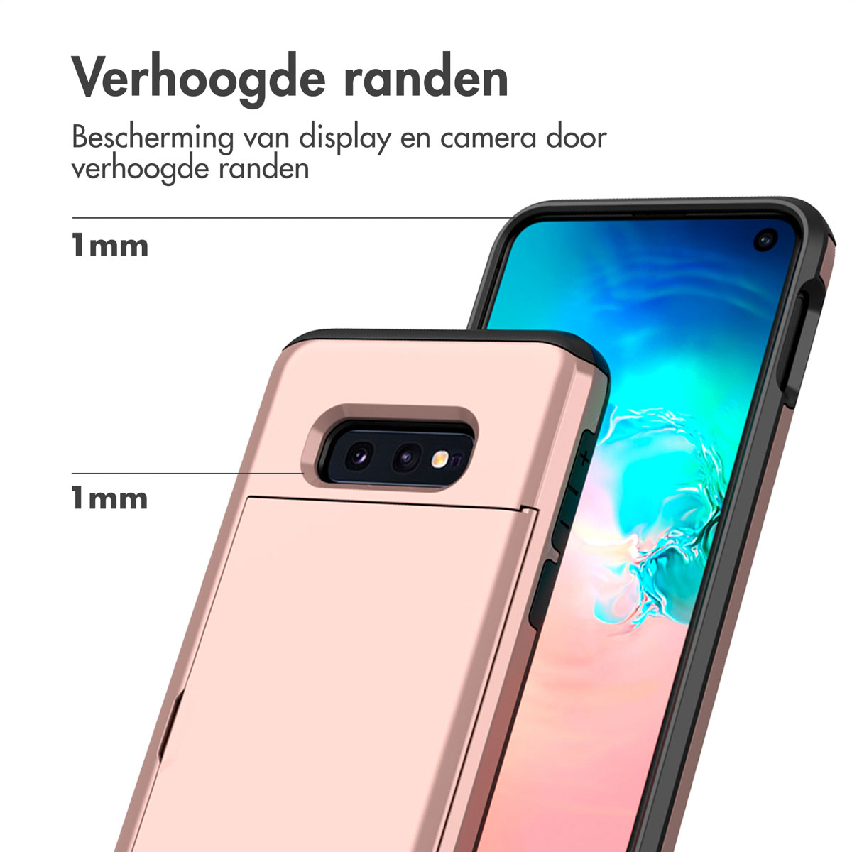 Close-up van telefoon met roségouden hoesje. 1 mm rand getoond.