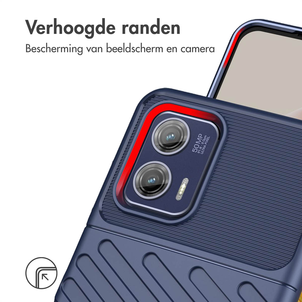 Een marineblauwe telefoonhoes wordt in een hoek getoond, waarbij de details en de verhoogde randen worden benadrukt.