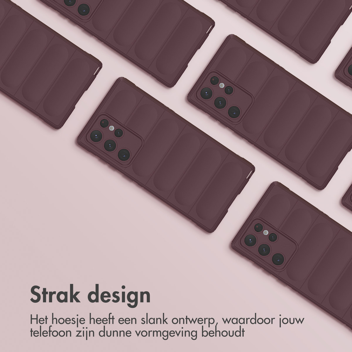Mauve telefoonhoesjes met rechthoekig ontwerp verspreid op roze oppervlak. Tekst 'Strak design' onderaan.