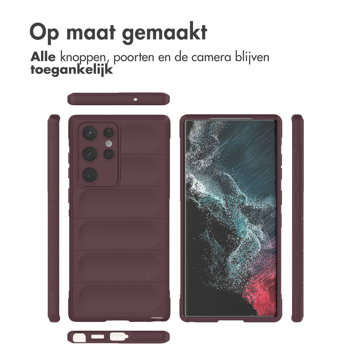 Meerdere aanzichten van een bordeaux telefoonhoes, met knoppen, poorten en camera toegankelijk.