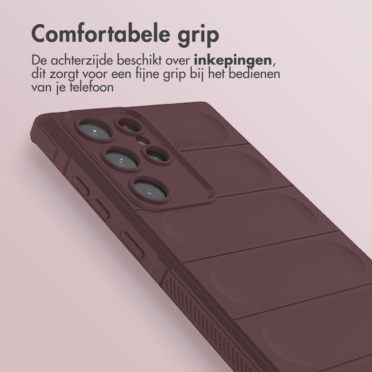 Bruine telefoonhoes met geribbeld ontwerp, close-up weergave.