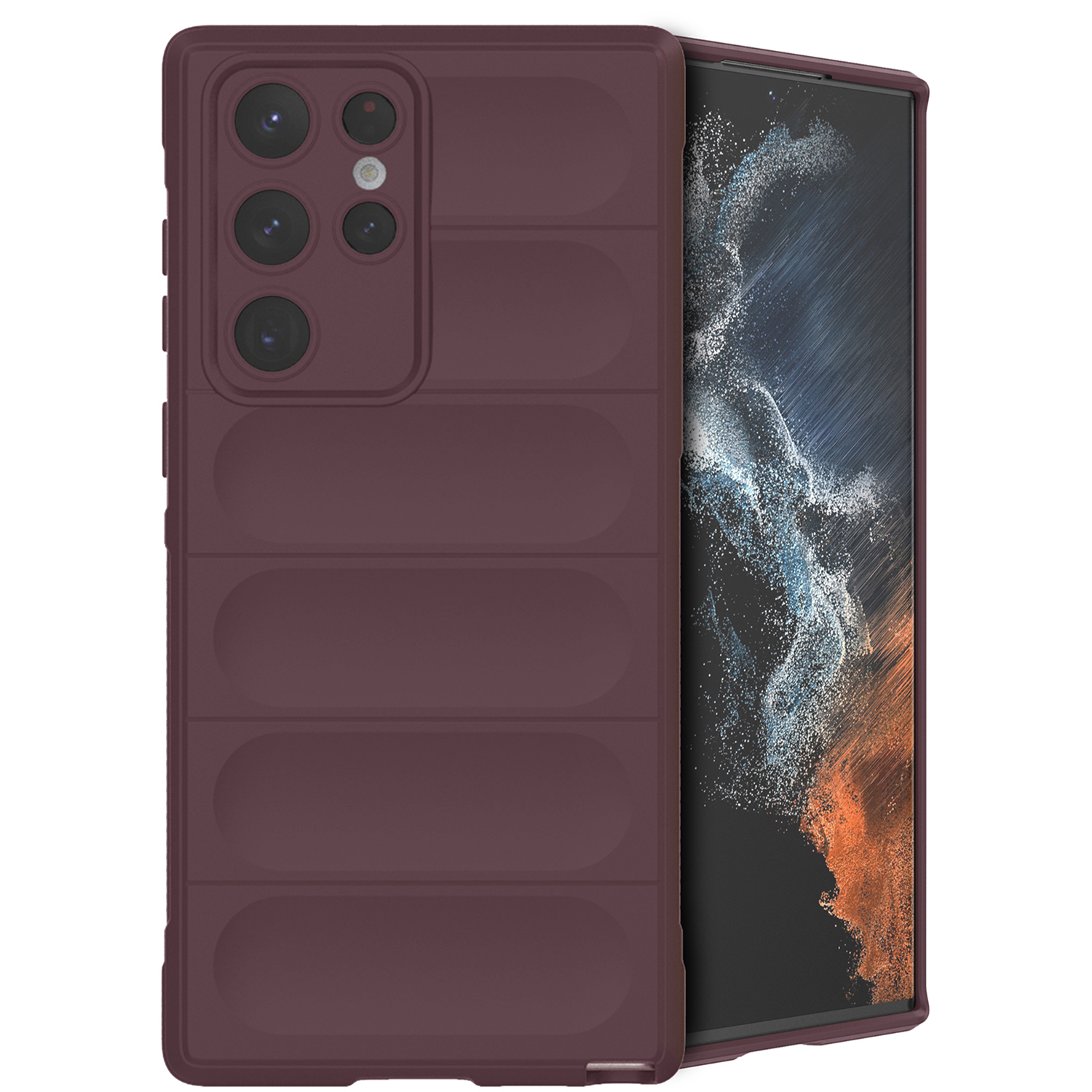 Bourgondische telefoonhoes met een geribbeld ontwerp, telefoon erin. De hoes bedekt de achterkant en zijkanten.