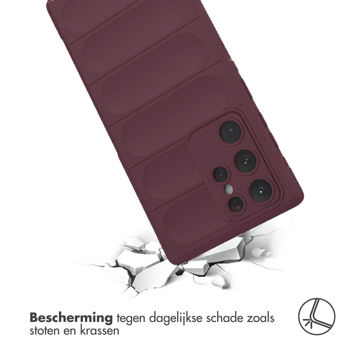 Een bordeauxrode telefoonhoes valt, raakt een oppervlak en veroorzaakt scheuren. Het heeft een getextureerd ontwerp.