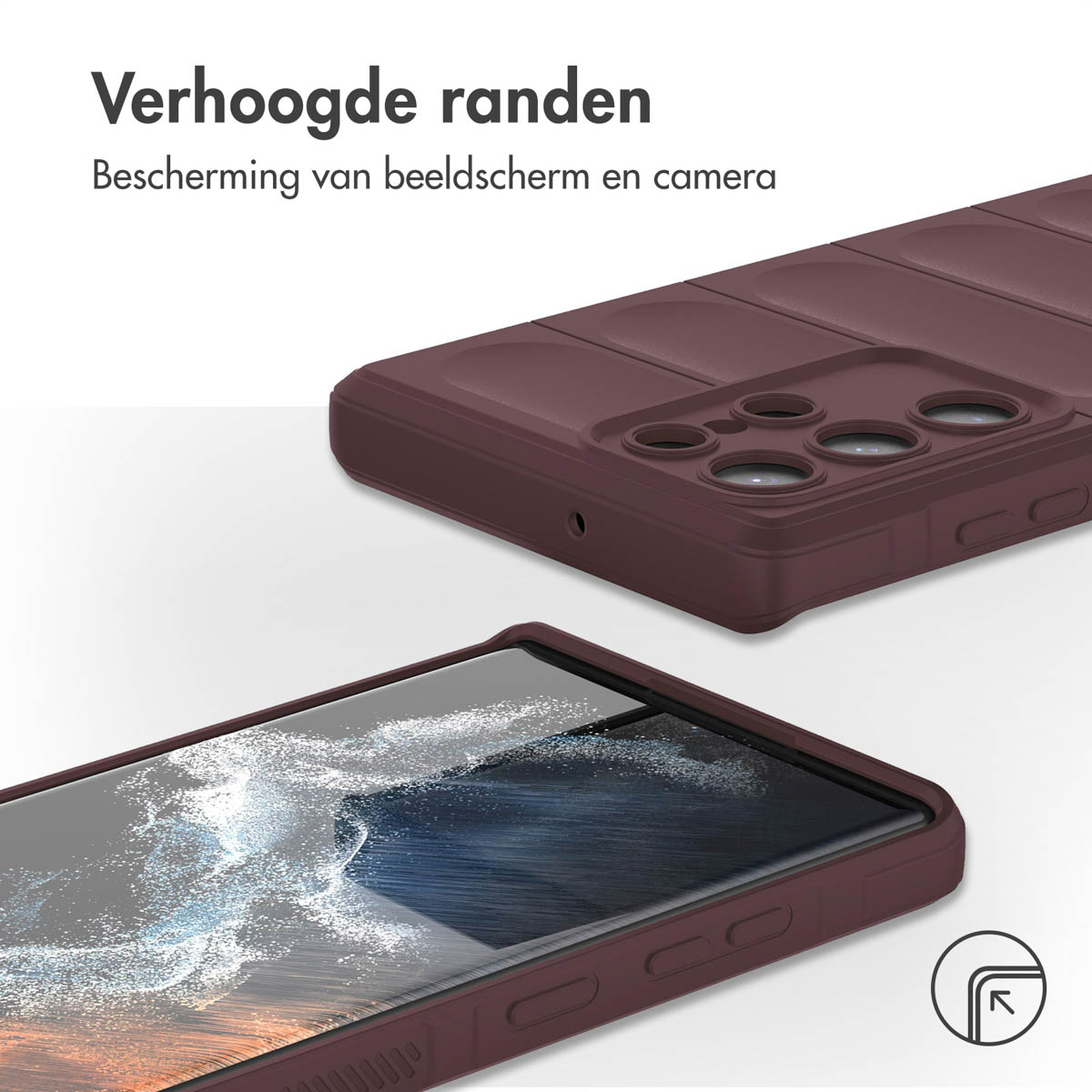 Twee telefoonhoesjes overlappen elkaar, een bruine en een die het scherm toont.
