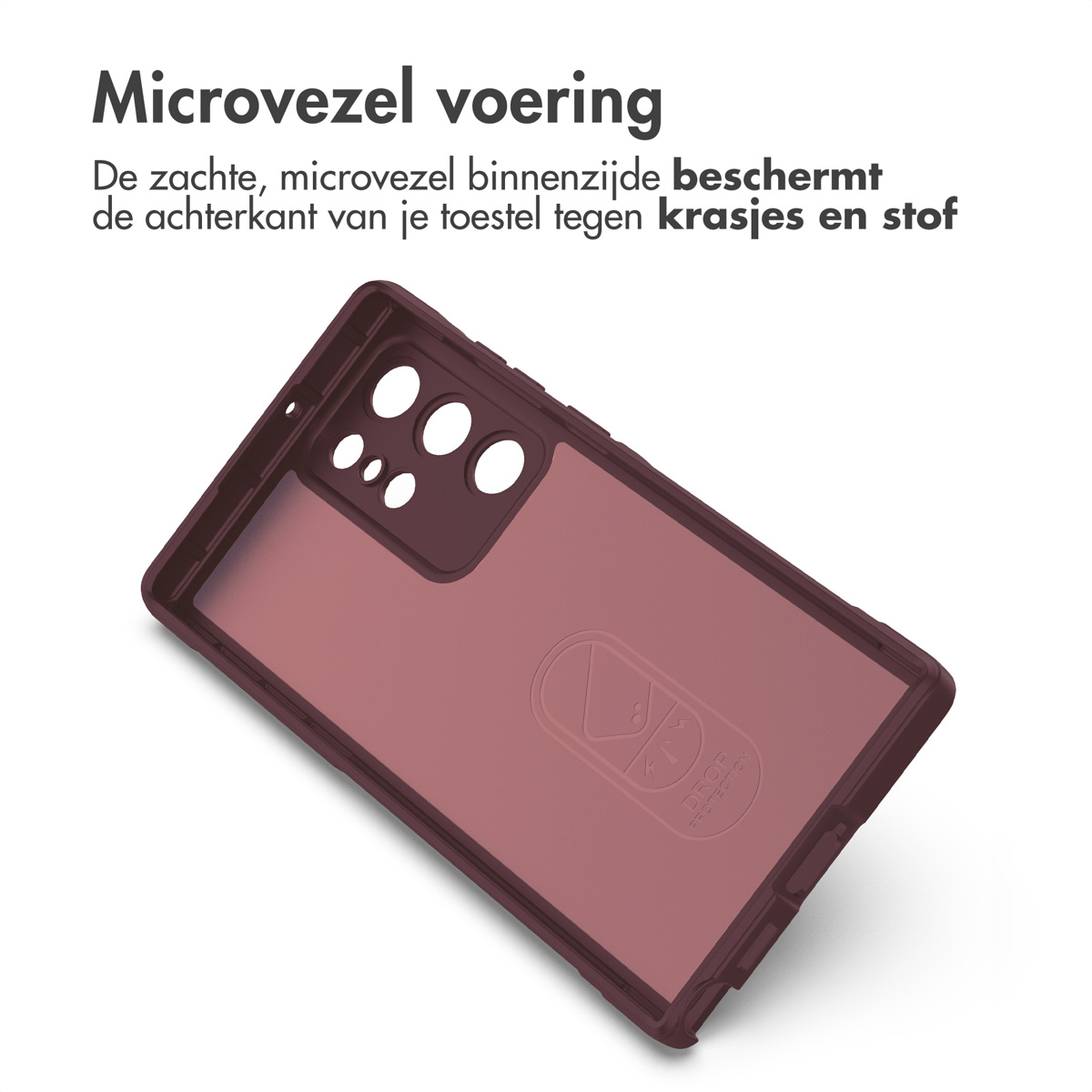 Telefoonhoesje met een bordeauxrode telefoon erin. De hoes wordt vanuit een hoek getoond.