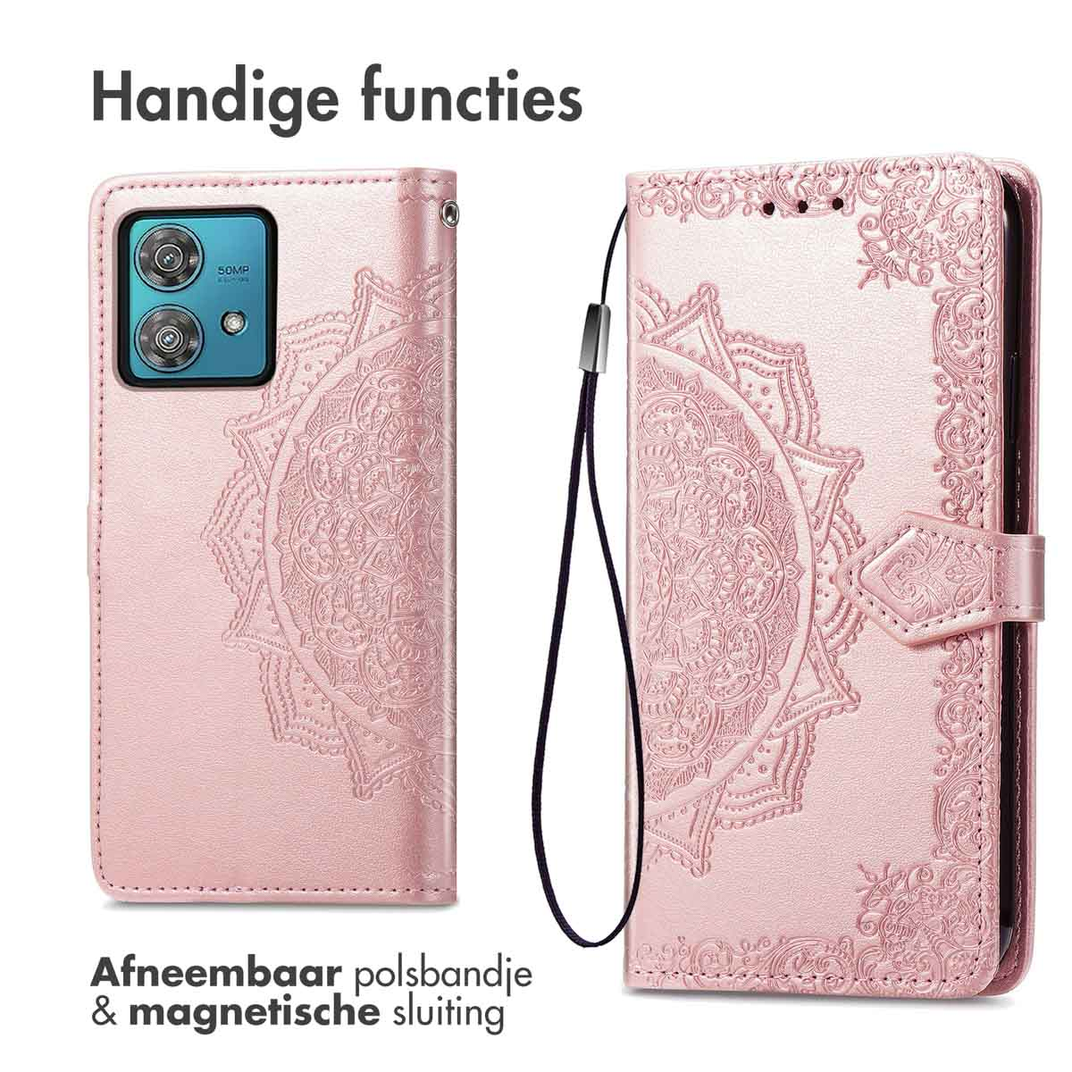 IMOSHION Mandala Bookcase - Geschikt voor Motorola Moto G84 - Telefoonhoesje voor Motorola Motorola Moto G84 Rosé goud