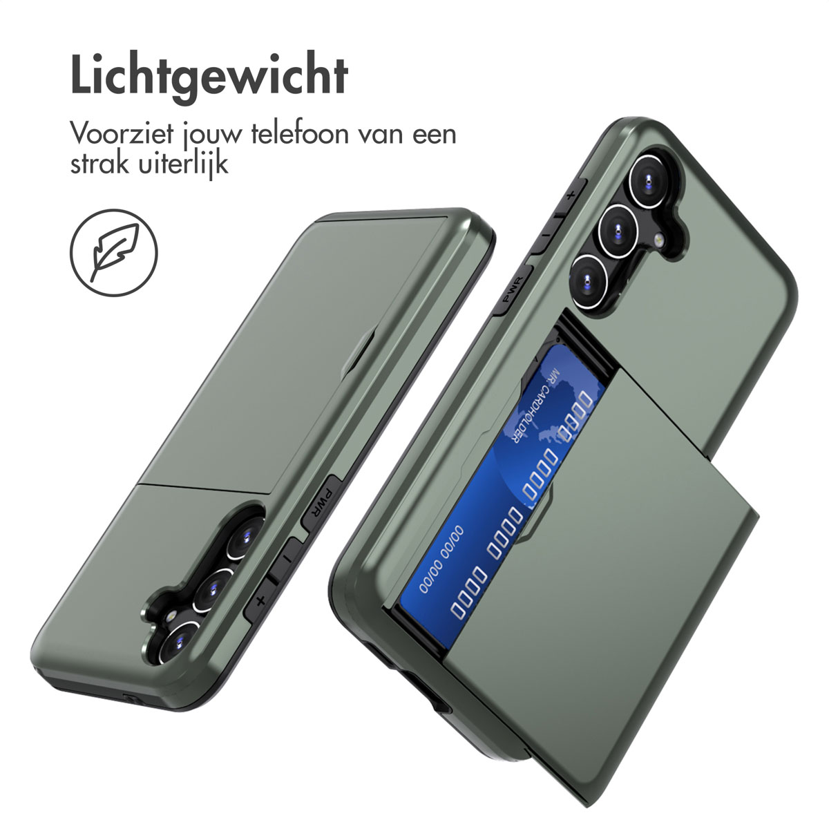Groene telefoonhoes met een kaarthouder, schuine weergave. Toont de telefoon en kaartsleuven.