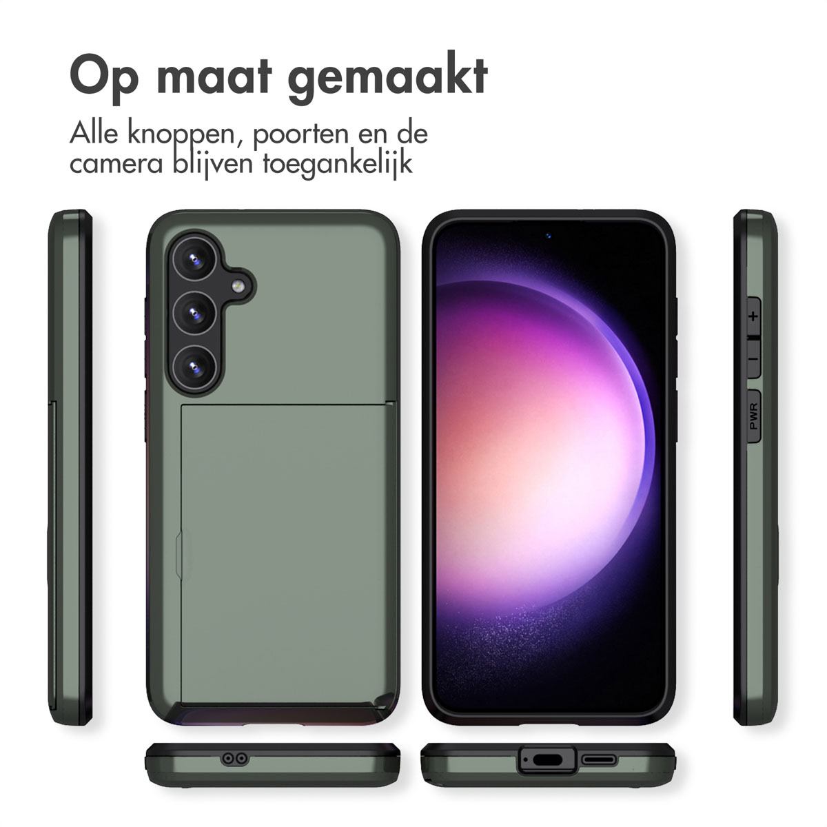 Telefoonhoesje met een donkergroene telefoon erin, met zij- en onderaanzichten van de telefoon.