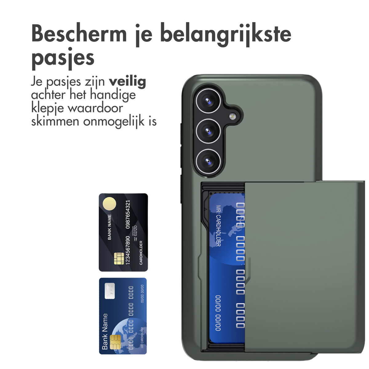Groene telefoonhoes met kaartsleuven. Kaarten zijn veilig achter de klep, waardoor skimmen wordt voorkomen.