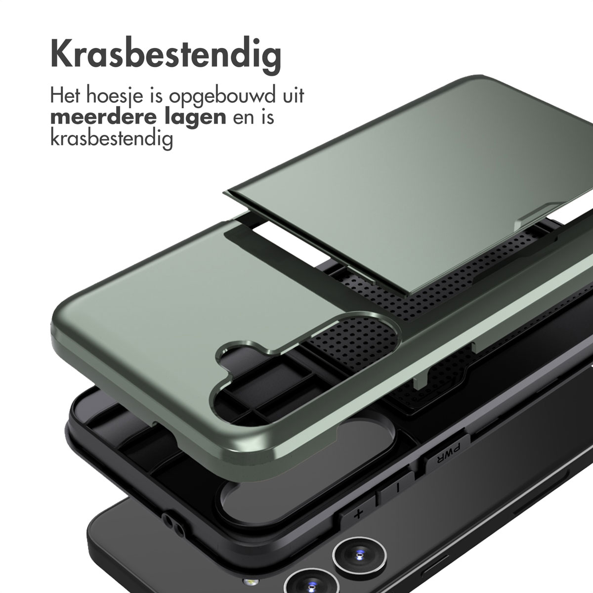 Telefoonhoeslagen. De telefoonhoes is groen met een zwart interieur. De lagen zijn gescheiden.