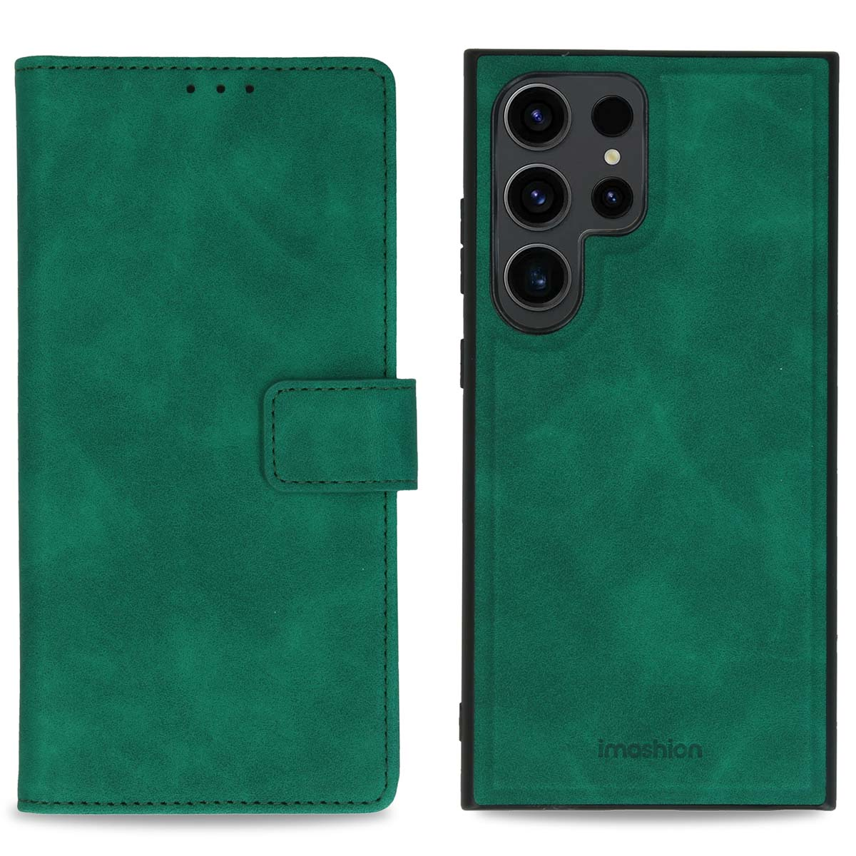 Groene telefoonhoes en telefoon, met een leerachtige textuur.