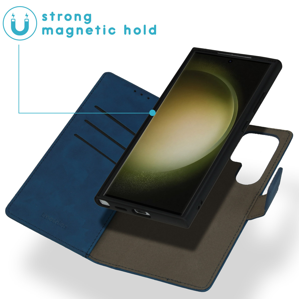Een telefoon in een blauwe portemonnee-hoes, met magnetische houdindicatie.