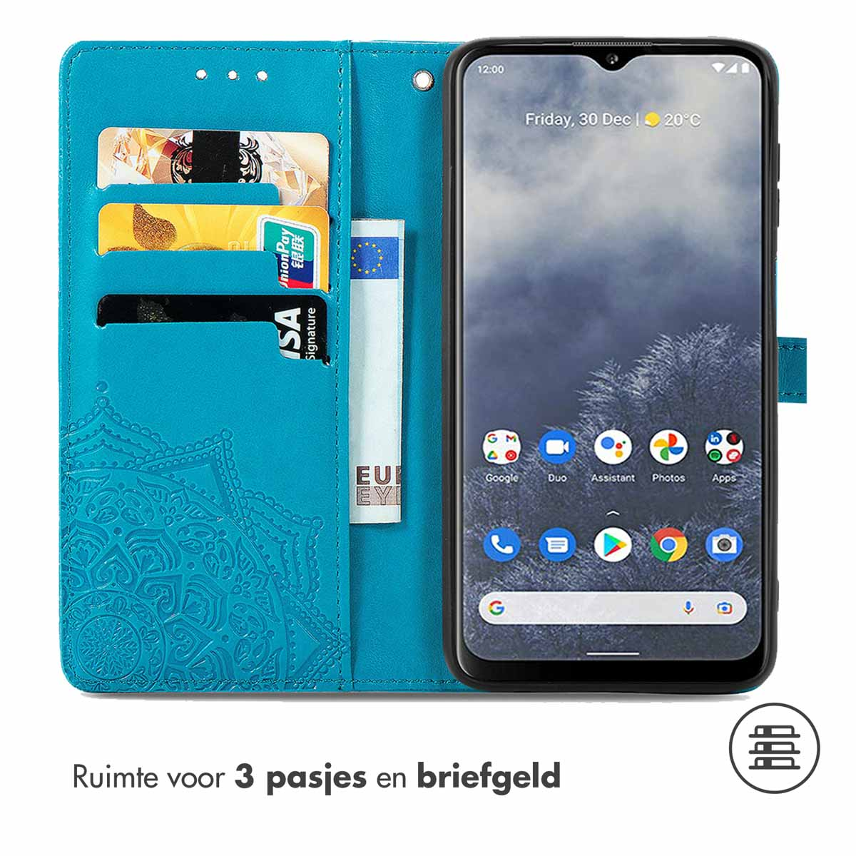 Turquoise telefoonhoes met kaartsleuven en telefoon met startscherm. Toont pictogrammen en tijd.